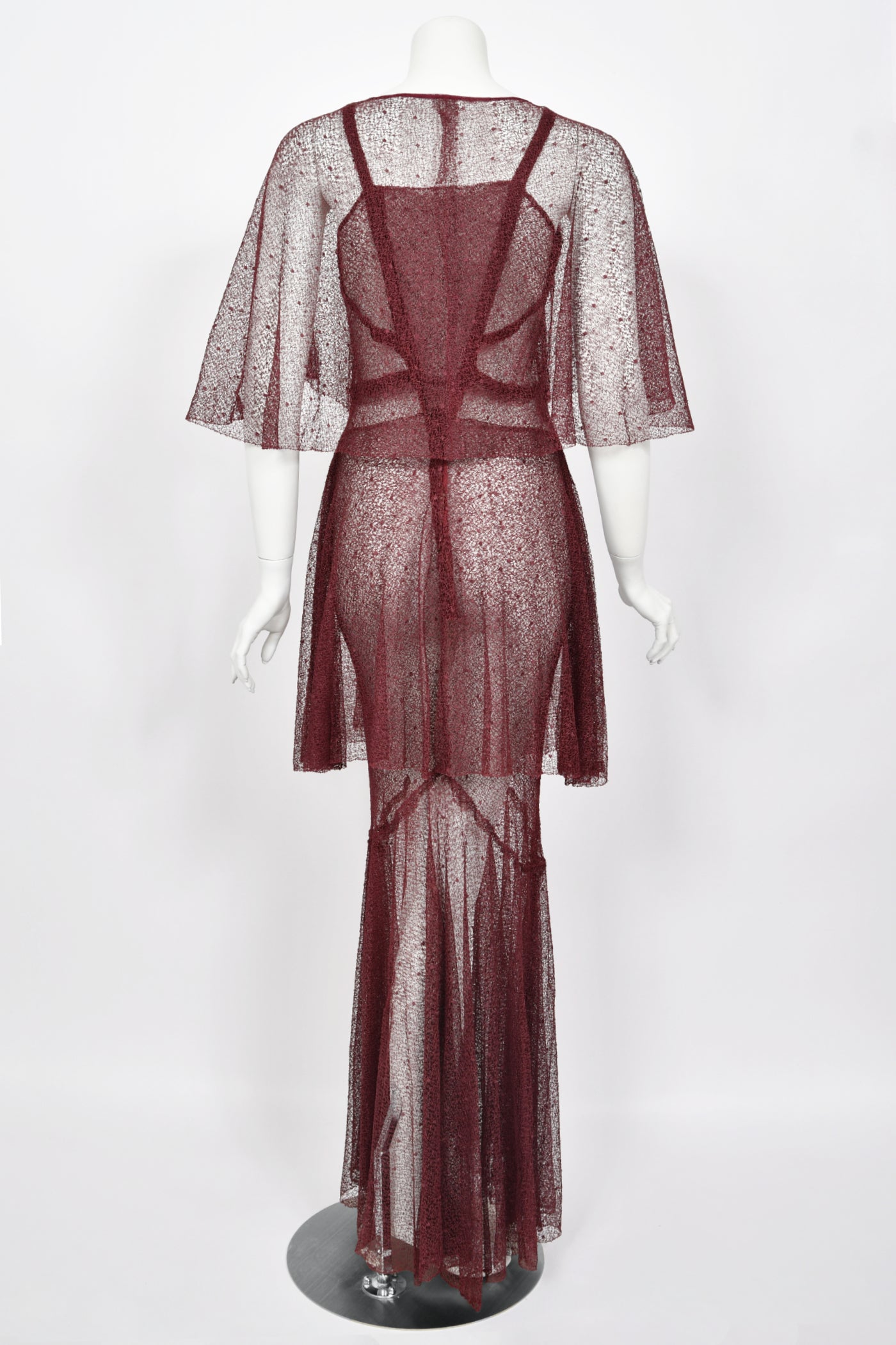 1930's French Sheer Burgundy Lace Tiered Bias-Cut Gown & Matching Cape - Timeless Vixen 1930's French Sheer Burgundy Lace Tiered Bias-Cut Gown & Matching Cape - Timeless Vixen
