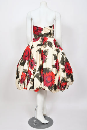1958 Arnold Scaasi Couture Museum-Held Red Dahlias Floral Silk Strapless Dress & Swing Jacket