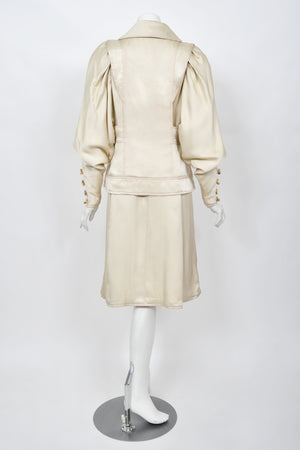 1973 Bill Gibb Couture Embroidered Ivory Satin Mutton-Sleeve Jacket & Vest