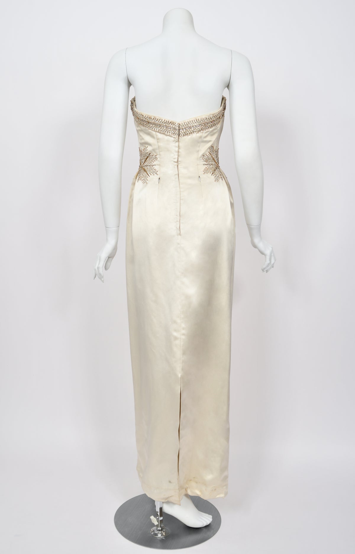 1950&#39;s French Couture Ivory Metallic Embroidered Beaded Silk Skirted Hourglass Gown
