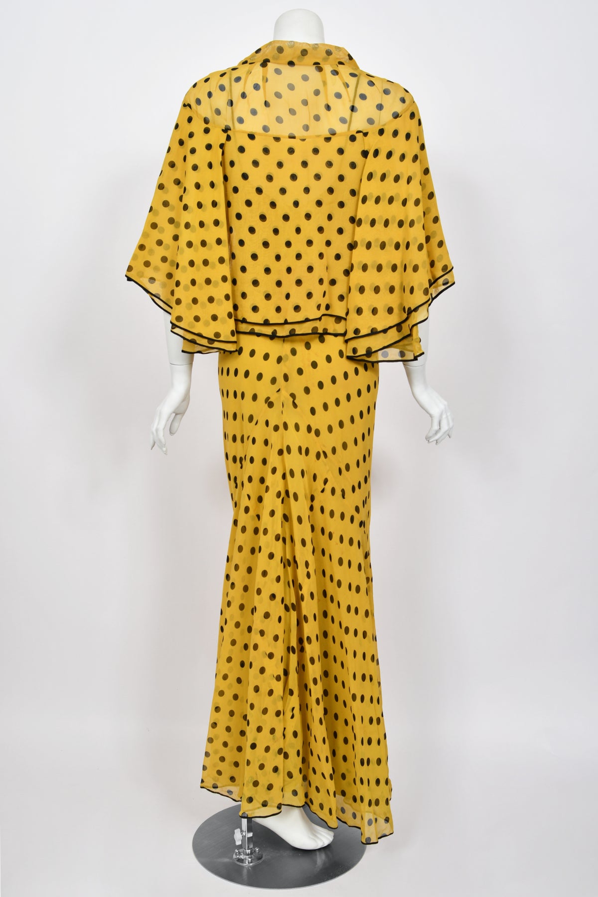 1930&#39;s Germaine Monteil Couture Polka Dot Silk Appliqué Bias-Cut Gown w/ Capelet
