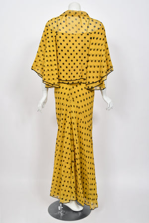 1930's Germaine Monteil Couture Polka Dot Silk Appliqué Bias-Cut Gown w/ Capelet