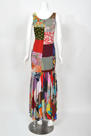 1993 Dolce & Gabbana Documented Colorful Patchwork Silk Hourglass Flounce Gown