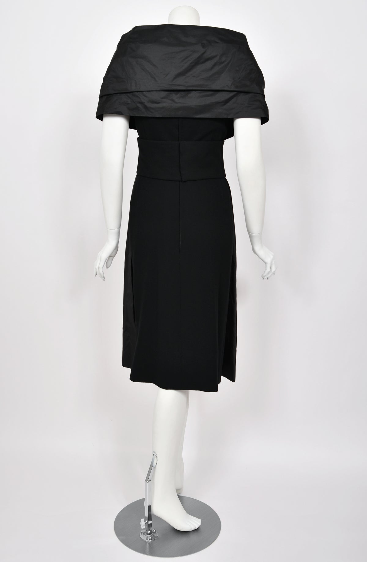 1956 Christian Dior Demi-Couture Black Silk Portrait Collar Skirted Cocktail Dress