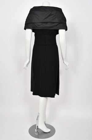 1956 Christian Dior Demi-Couture Black Silk Portrait Collar Skirted Cocktail Dress