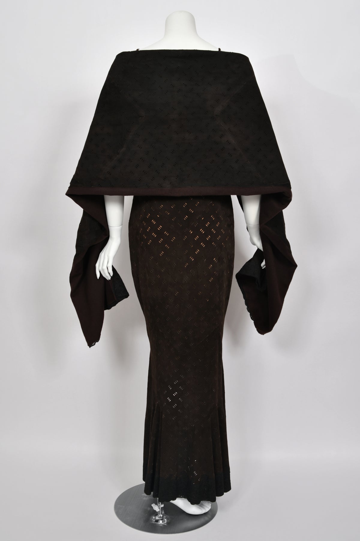 1999 Christian Dior by John Galliano Brown Suede &amp; Sheer Lace Bias-Cut Slip Gown w/ Shawl