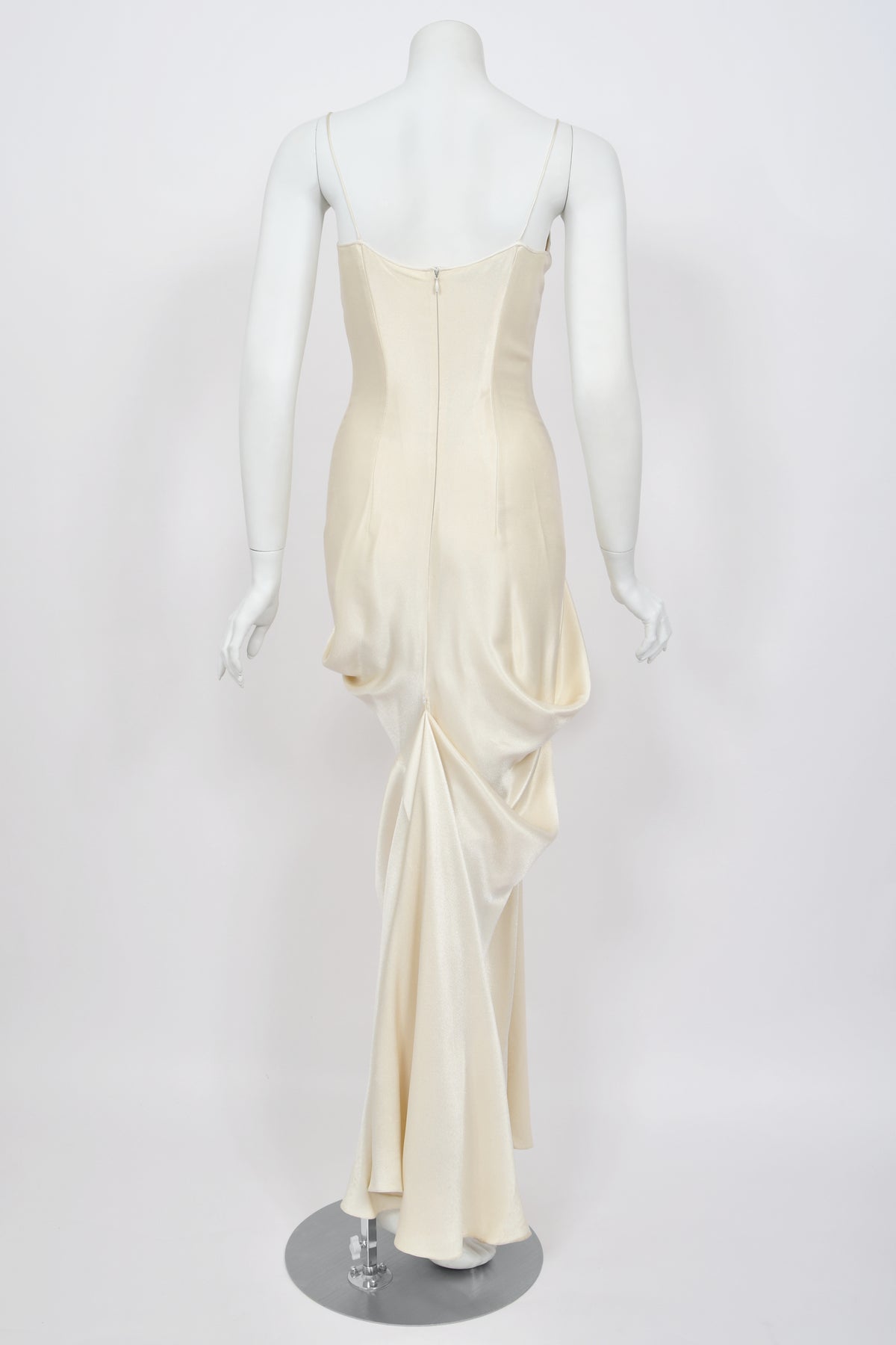 1999 John Galliano Ivory Satin Asymmetric Drape Hourglass Optional Trained Gown