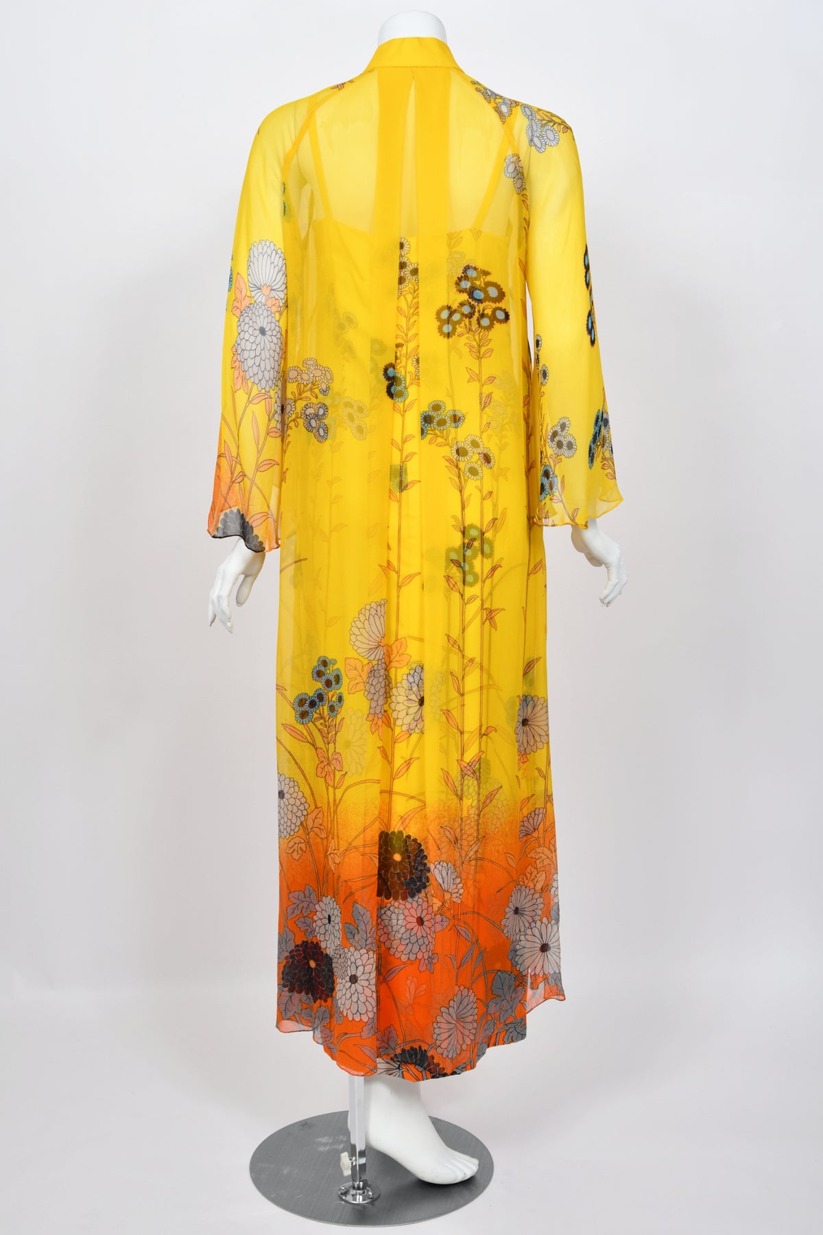 1972 Hanae Mori Couture Vogue Editorial Sunset Ombrè Floral Silk Gown & Matching Sheer Jacket