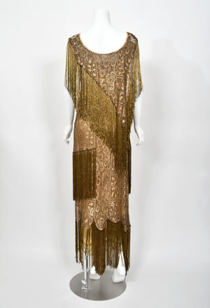 1920's Metallic Gold Lamé Lace Flapper Fringe Margot Robbie Film-Worn Dress