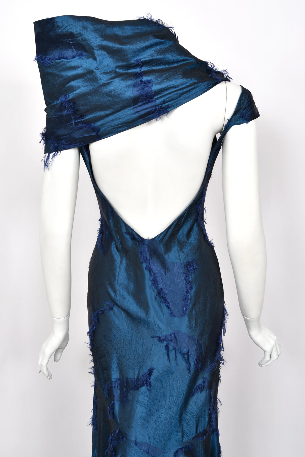 1999 Christian Dior by John Galliano Sapphire Blue Eyelash Silk Backless Bias-Cut Gown