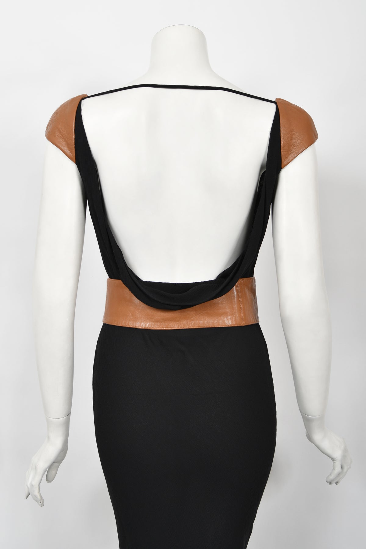 2001 Versace Couture Documented Runway Black Sheer Silk &amp; Leather Bias-Cut Gown