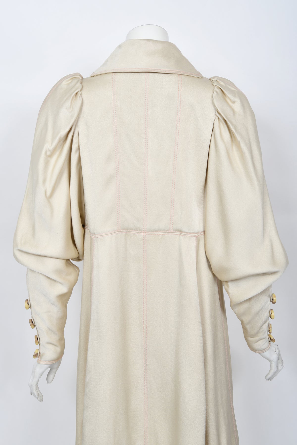 1973 Bill Gibb Couture Embroidered Ivory Satin Mutton-Sleeve Jacket &amp; Vest