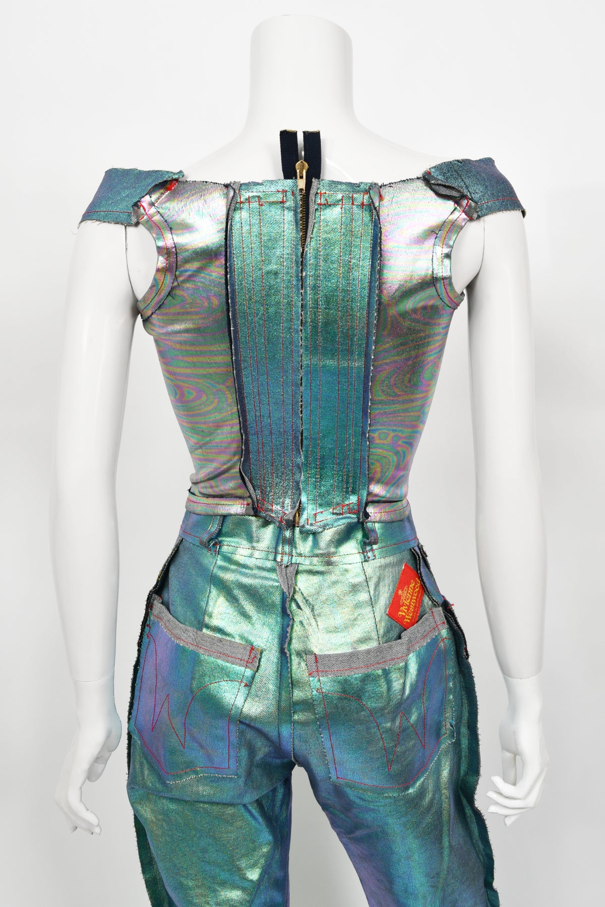 1993 Vivienne Westwood Runway Metallic Foiled Denim Corset Bustier &amp; Matching Pants