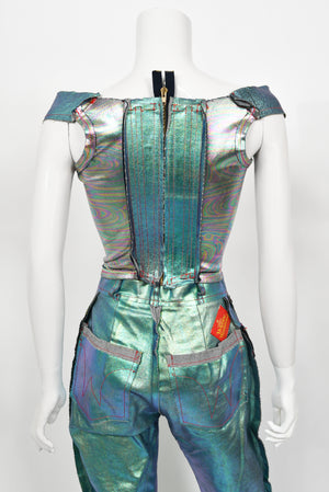 1993 Vivienne Westwood Runway Metallic Foiled Denim Corset Bustier & Matching Pants