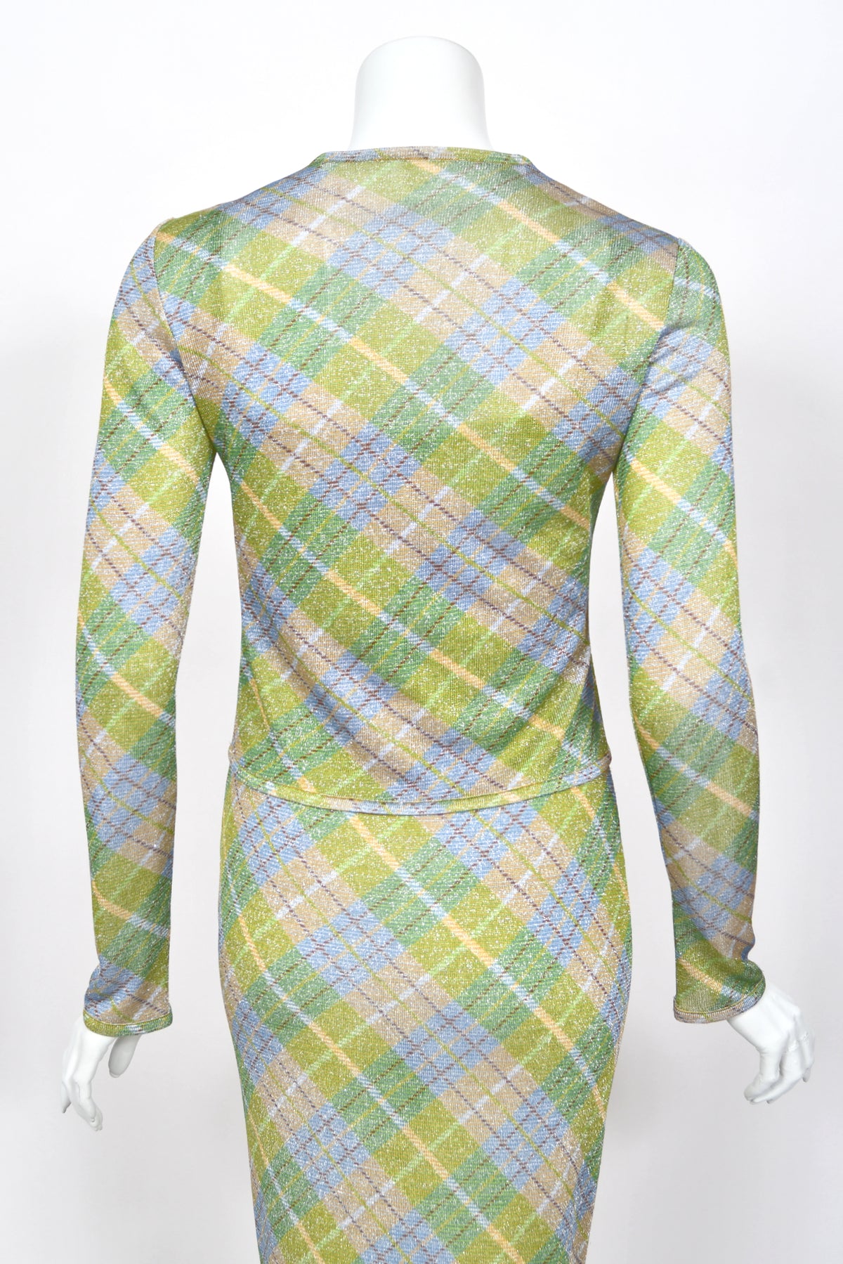 2000 John Galliano Metallic Plaid Lurex Knit Bias-Cut Maxi Dress w/ Matching Cardigan