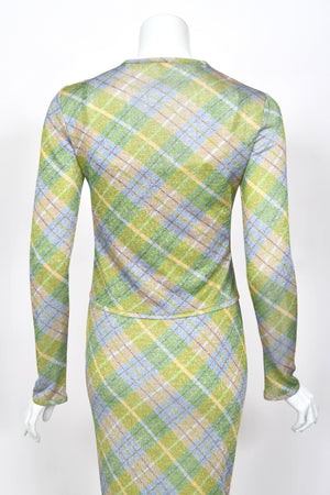 2000 John Galliano Metallic Plaid Lurex Knit Bias-Cut Maxi Dress w/ Matching Cardigan