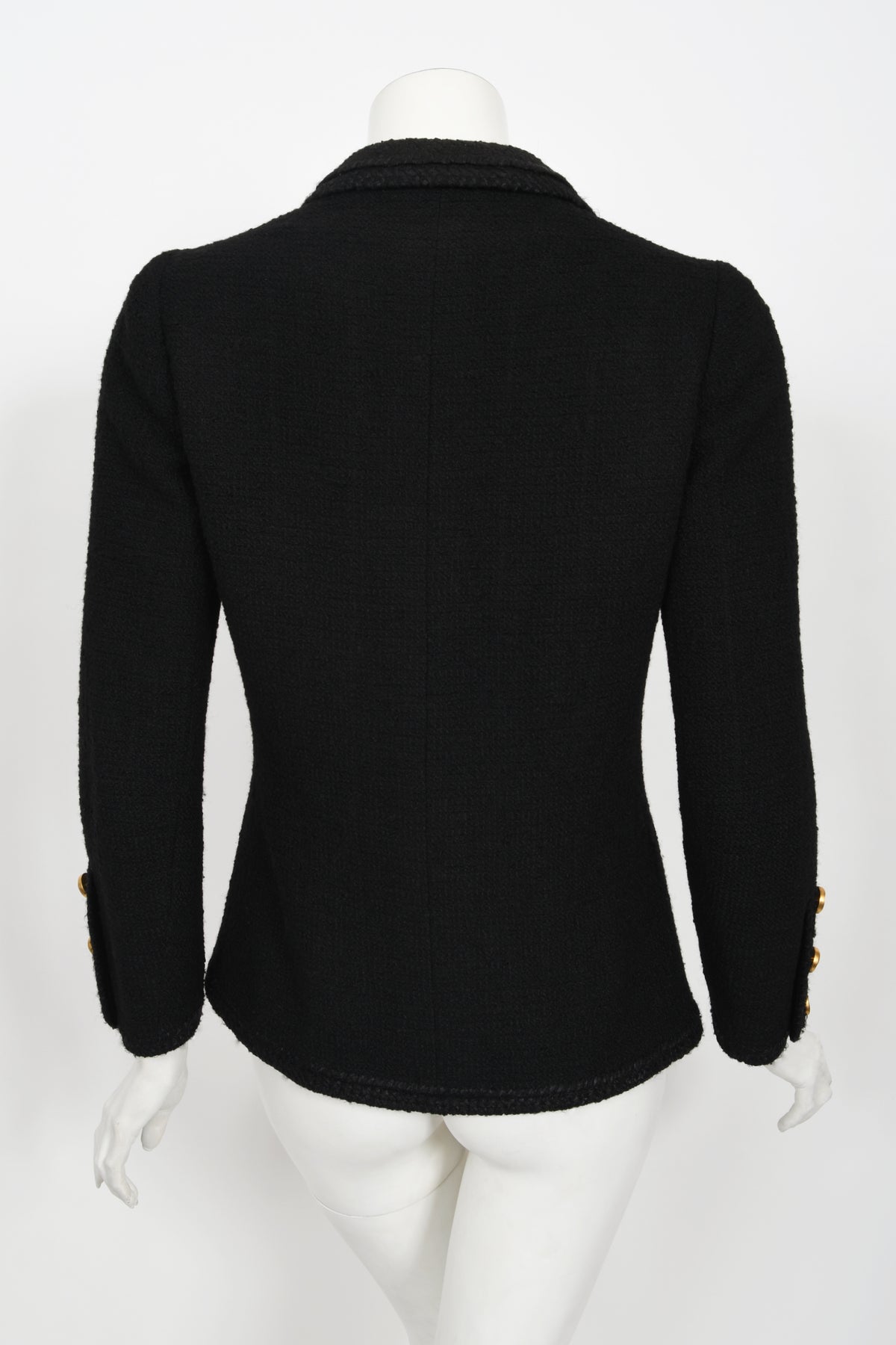 1973 Chanel Haute Couture Black Boucle Wool Logo Buttons Jacket Suit
