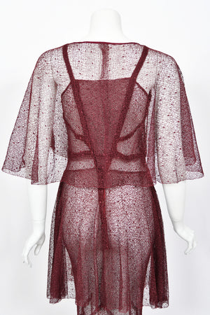 1930's French Sheer Burgundy Lace Tiered Bias-Cut Gown & Matching Capelet