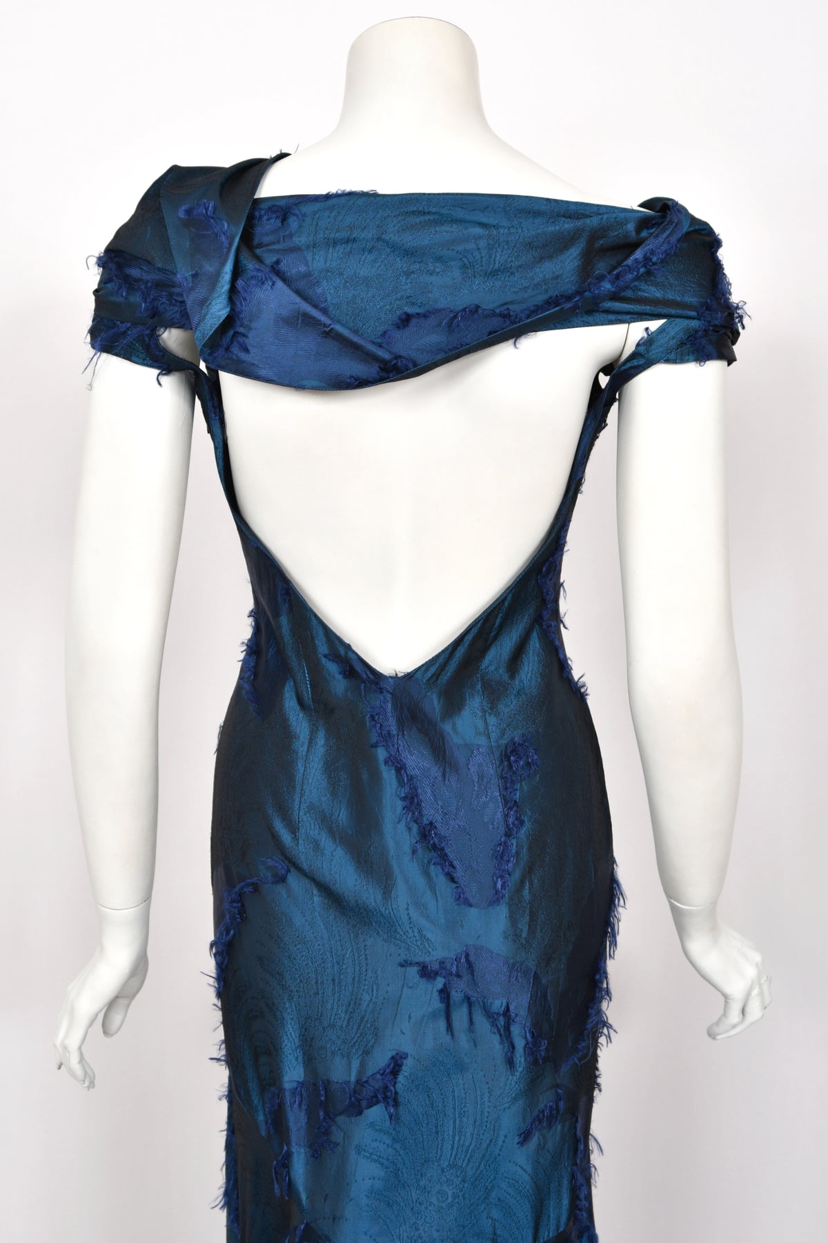 1999 Christian Dior by John Galliano Sapphire Blue Eyelash Silk Backless Bias-Cut Gown