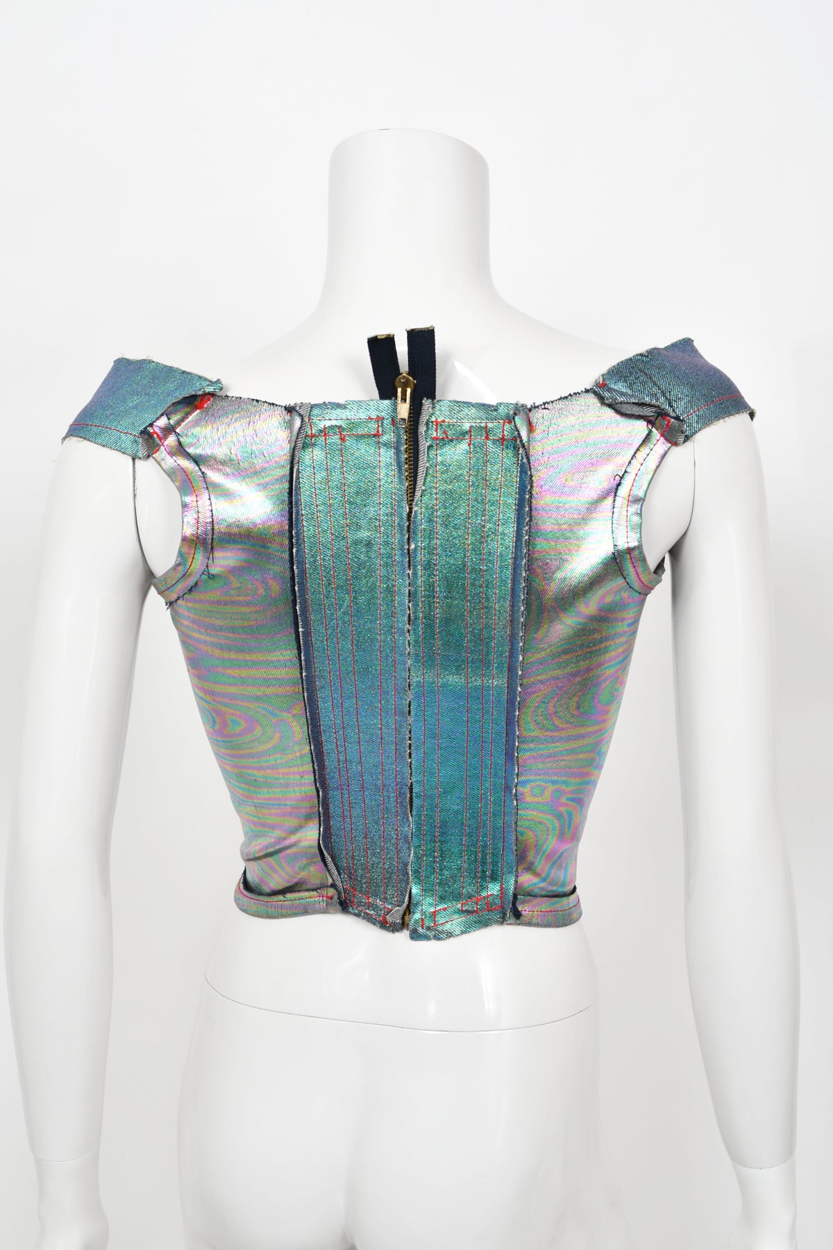 1993 Vivienne Westwood Runway Metallic Denim Corset Bustier Top &amp; Pants