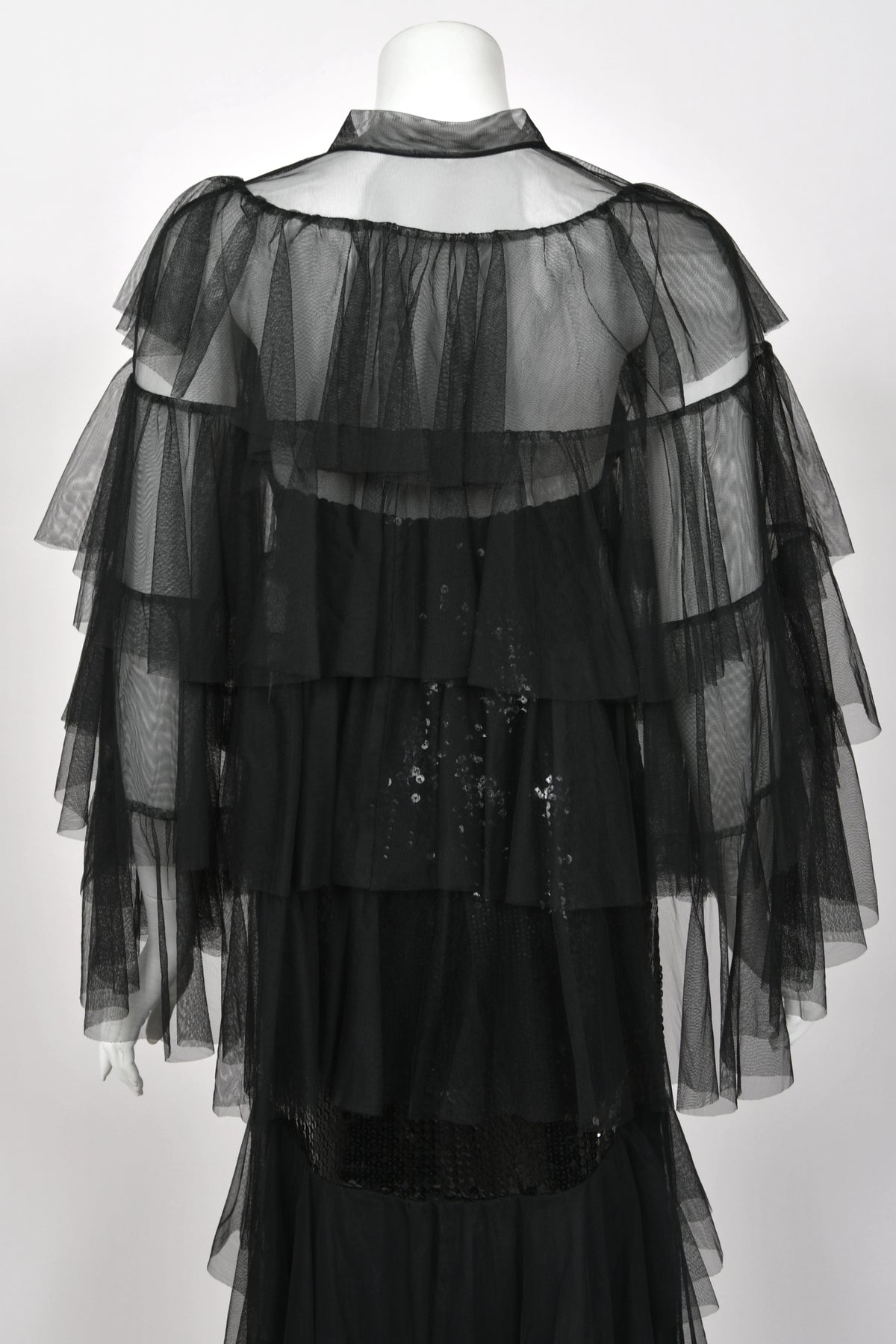 1978 Loris Azzaro Couture Black Sequin Strapless Tiered-Ruffle Gown & Sheer Capelet