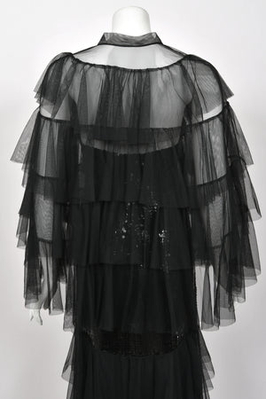 1978 Loris Azzaro Couture Black Sequin Strapless Tiered-Ruffle Gown & Sheer Capelet