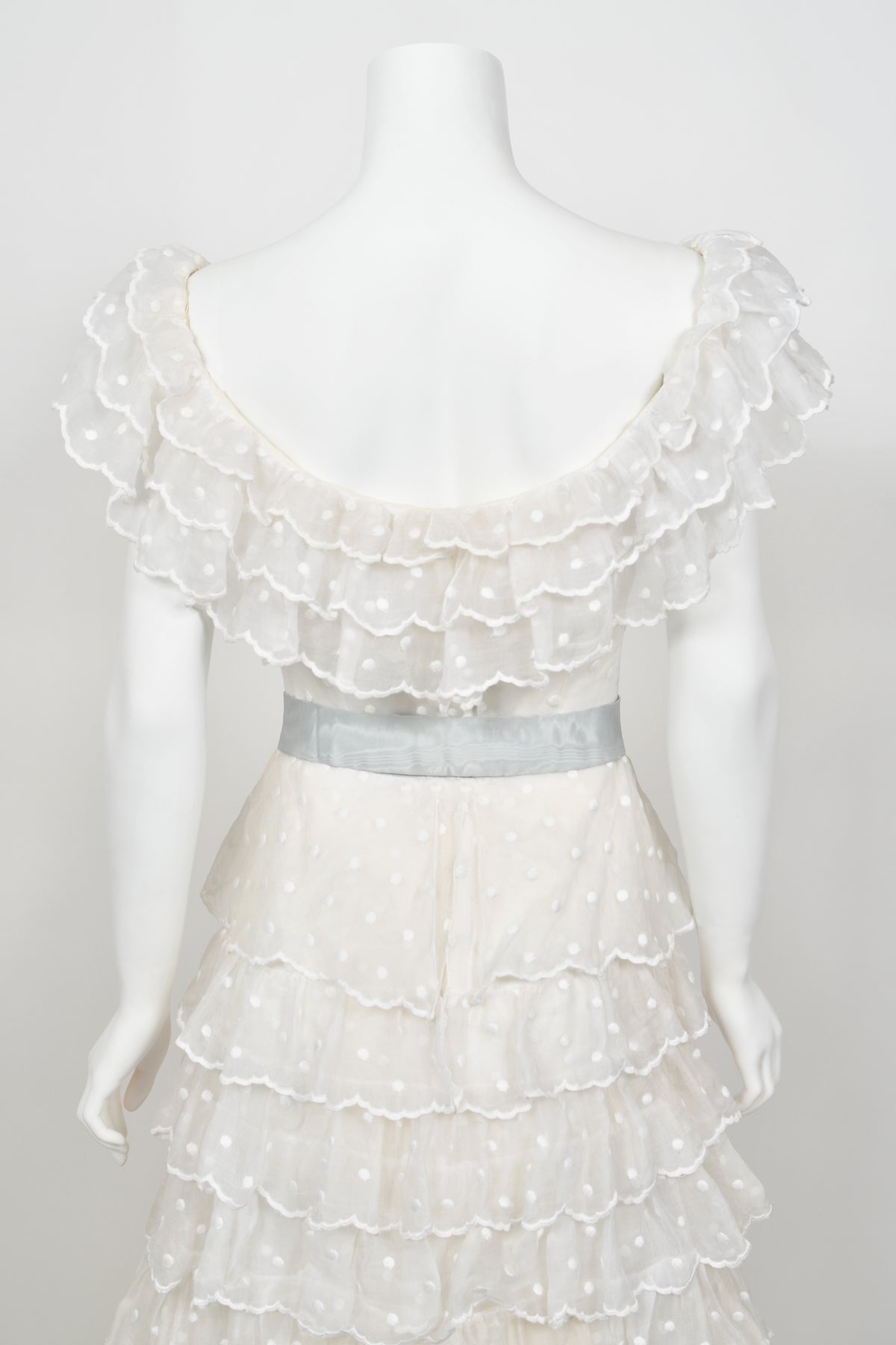 1975 Chanel Haute Couture White Dotted Organza Off-Shoulder Tiered Ruffle Gown