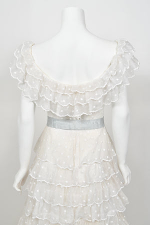 1975 Chanel Haute Couture White Dotted Organza Off-Shoulder Tiered Ruffle Gown