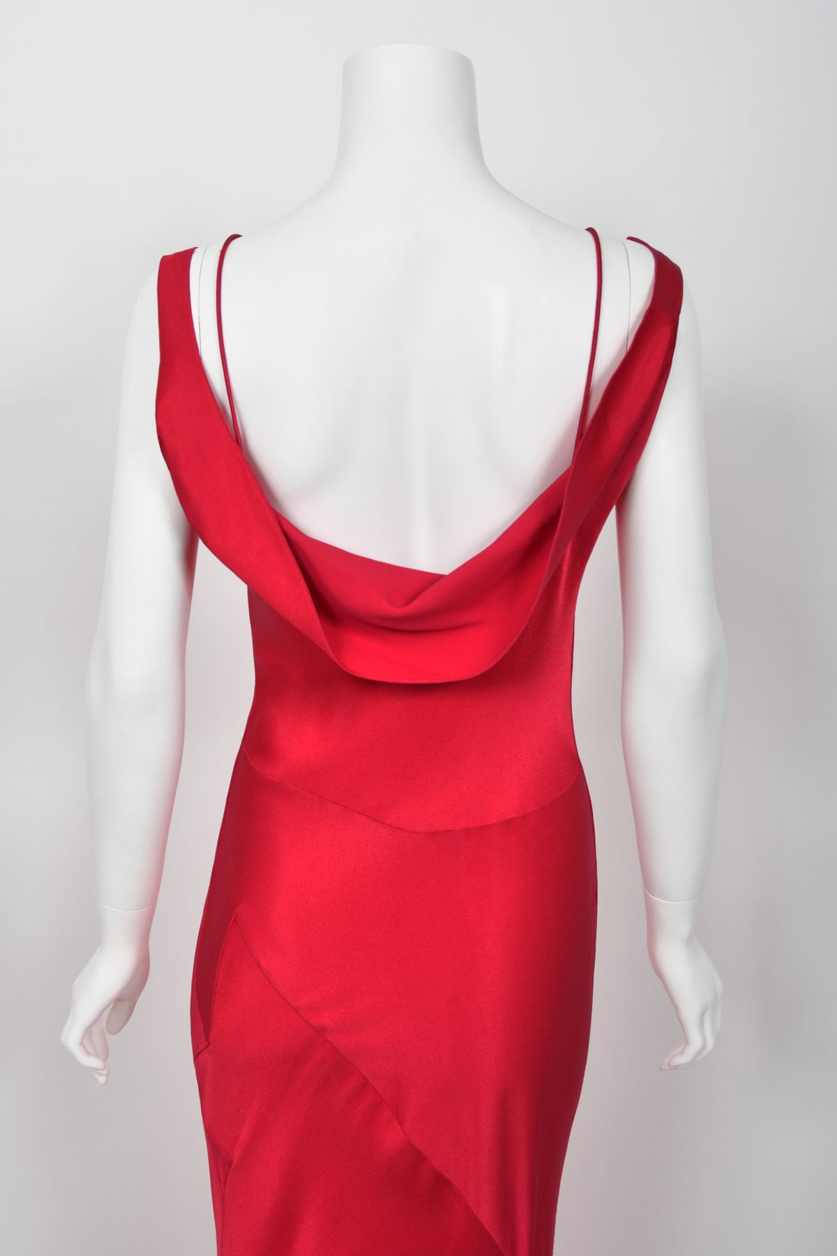 1994 John Galliano Ruby Red Off Shoulder Bias-Cut Gown Worn by Raquel Welch