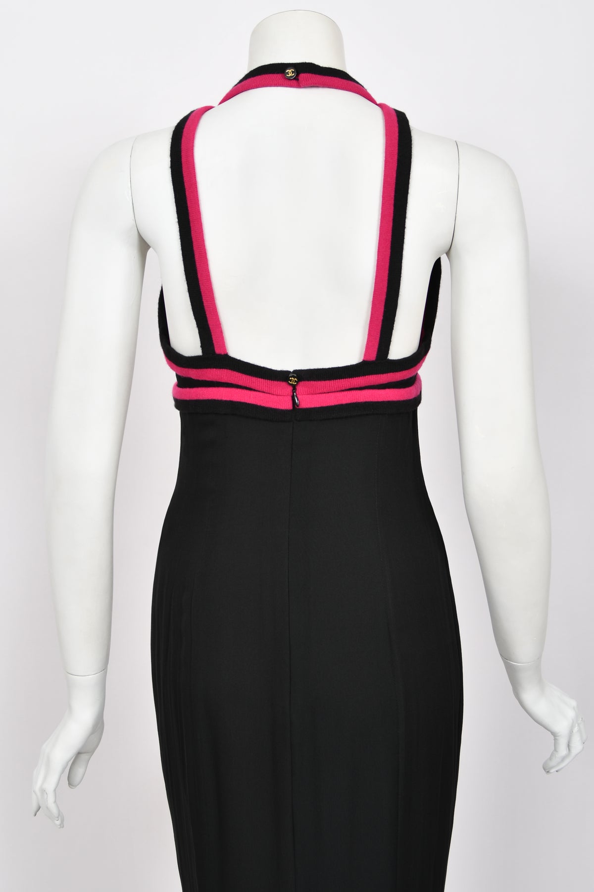 1994 Chanel by Karl Lagerfeld Black Sheer Silk Chiffon Pink Cashmere Trimmed Maxi Dress w/ Shawl