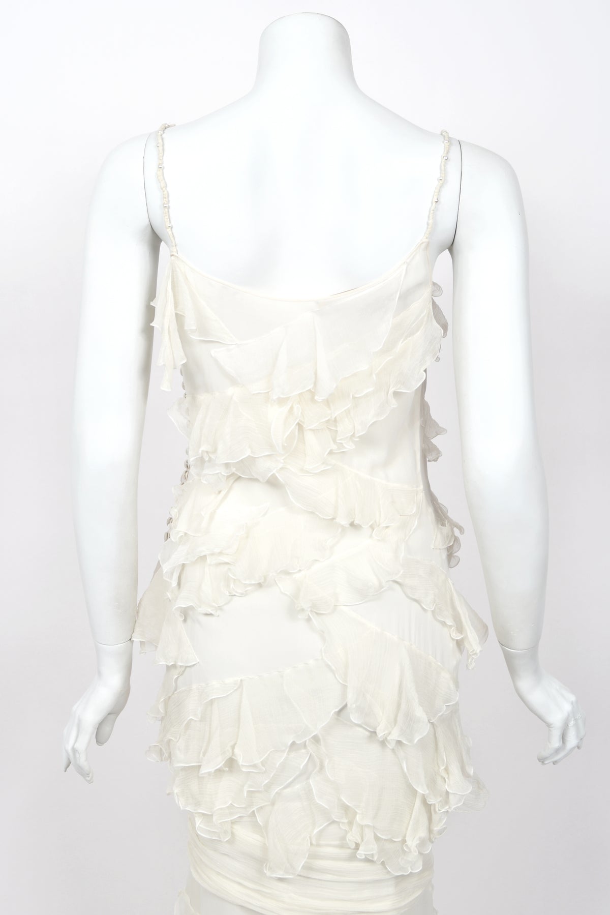 2006 John Galliano Ivory Tiered Ruffle Sheer Silk Chiffon Pearl Straps Bias-Cut Slip Gown