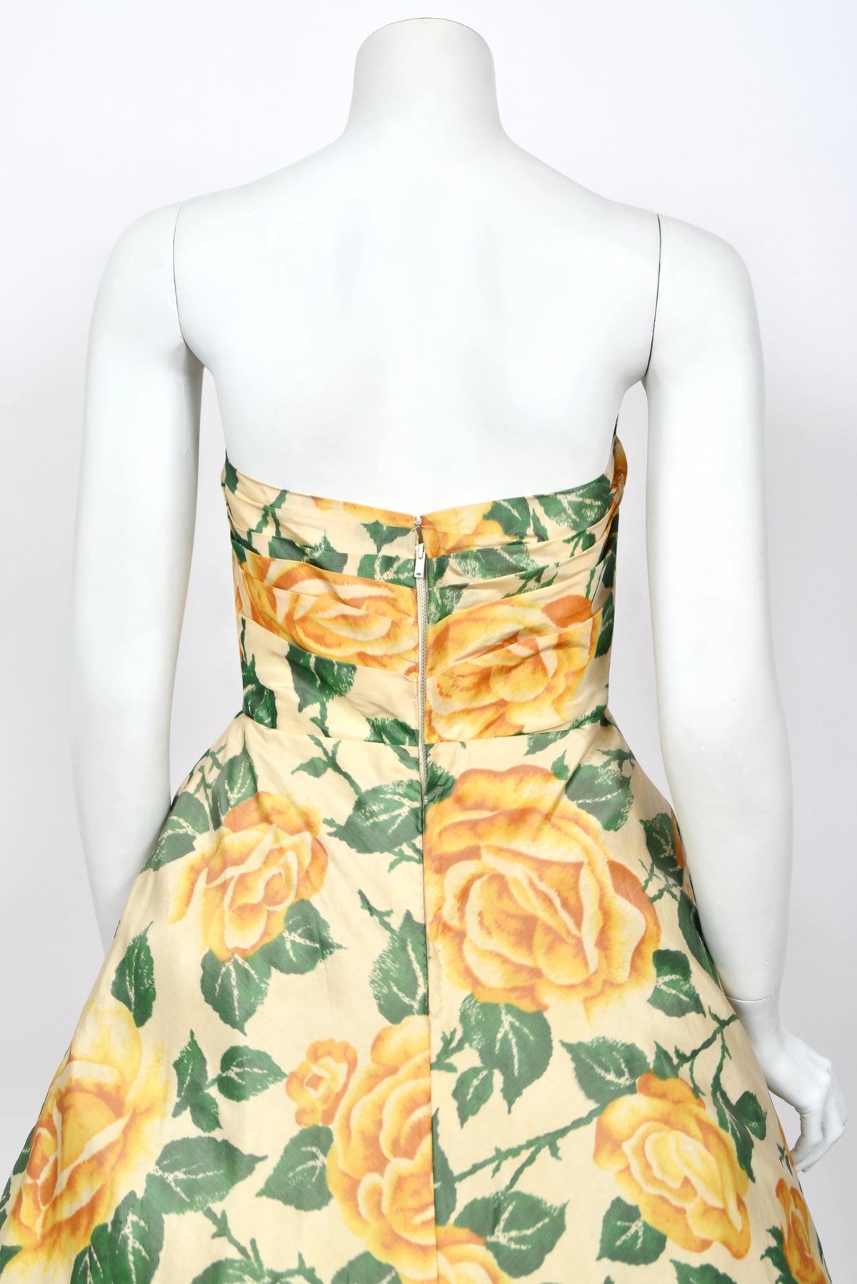 1950's Philip Hulitar Couture Yellow Roses Watercolor Silk Strapless Sculpted Party Dress
