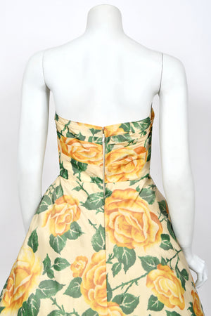 1950's Philip Hulitar Couture Yellow Roses Watercolor Silk Strapless Sculpted Party Dress