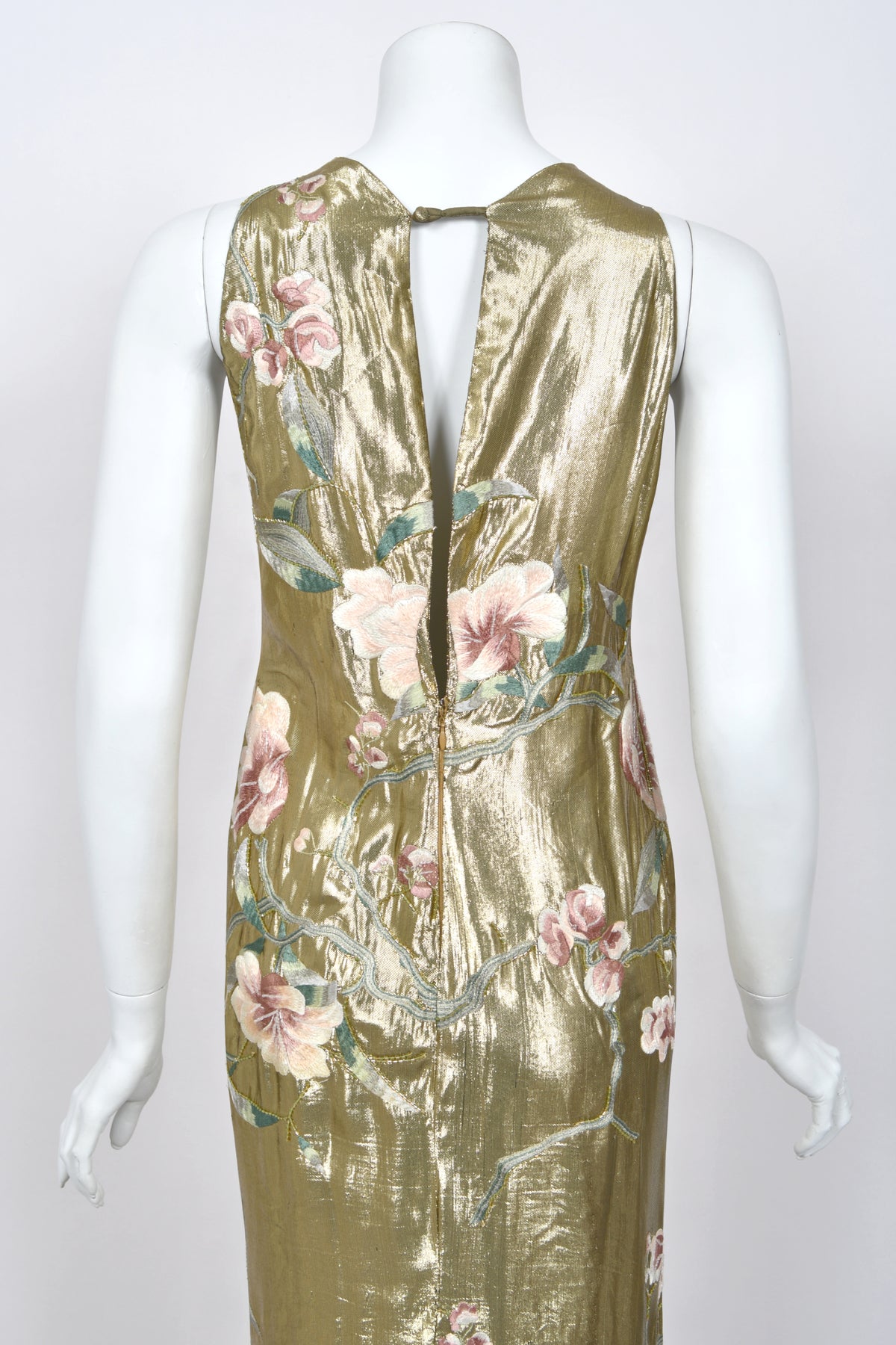 1997 Valentino Runway Metallic Gold Beaded Embroidered Floral Lamé Silk High Slit Column Gown