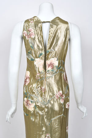 1997 Valentino Runway Metallic Gold Beaded Embroidered Floral Lamé Silk High Slit Column Gown