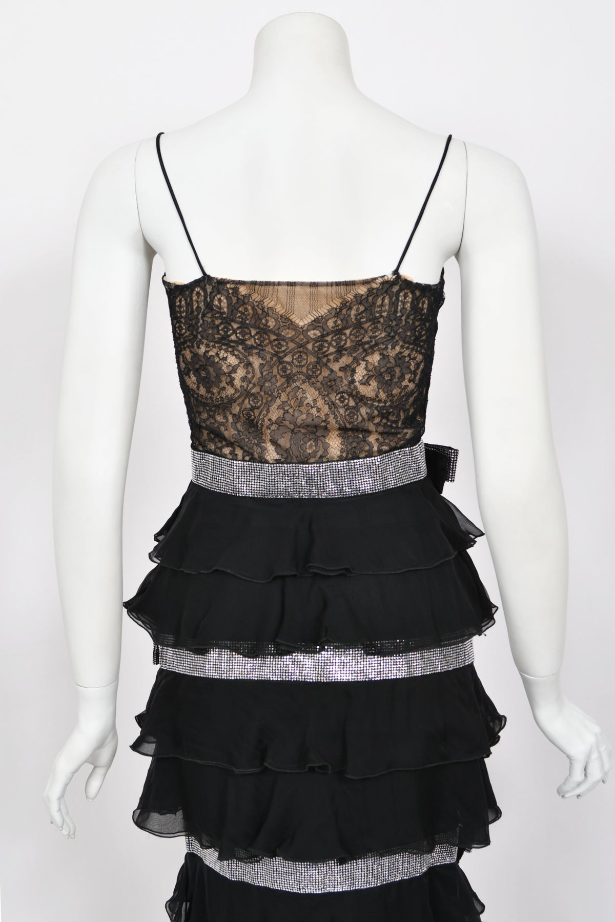 2007 Valentino Runway Black Sheer Silk &amp; Lace Illusion Crystal-Bows Tiered Gown