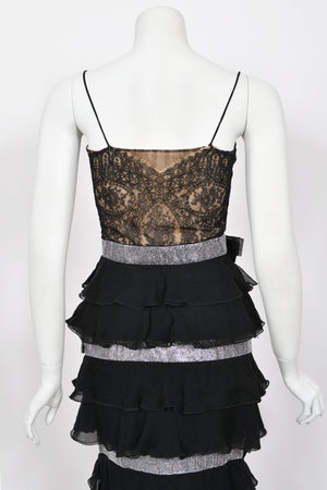 2007 Valentino Runway Black Sheer Silk & Lace Illusion Crystal-Bows Tiered Gown