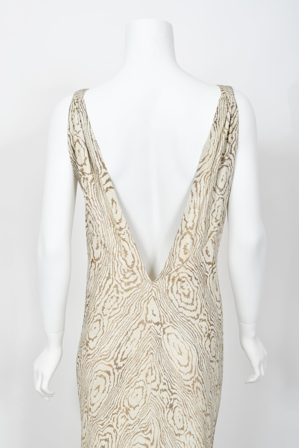 1930's Metallic Wood-Patterned Lamé Deco Appliqué Bias-Cut Trained Bridal Gown