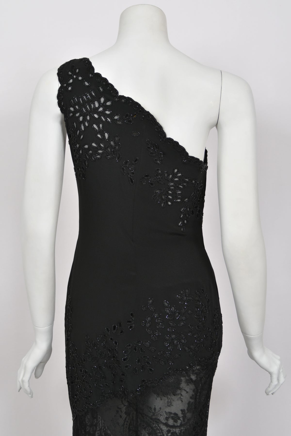 1998 Valentino Runway Black Beaded Cut-Out Silk &amp; Sheer Lace Bias-Cut Gown