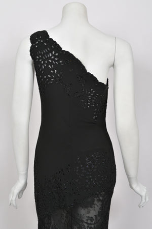 1998 Valentino Runway Black Beaded Cut-Out Silk & Sheer Lace Bias-Cut Gown