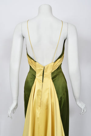 1950's Anne Verdi Green & Yellow Silk Winged-Bust Hourglass Trained Gown