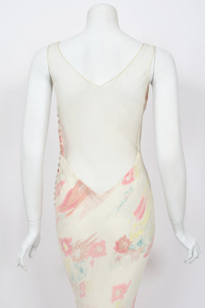 2008 John Galliano 'Grey Gardens' Collection Floral Silk High Low Bias-Cut Gown