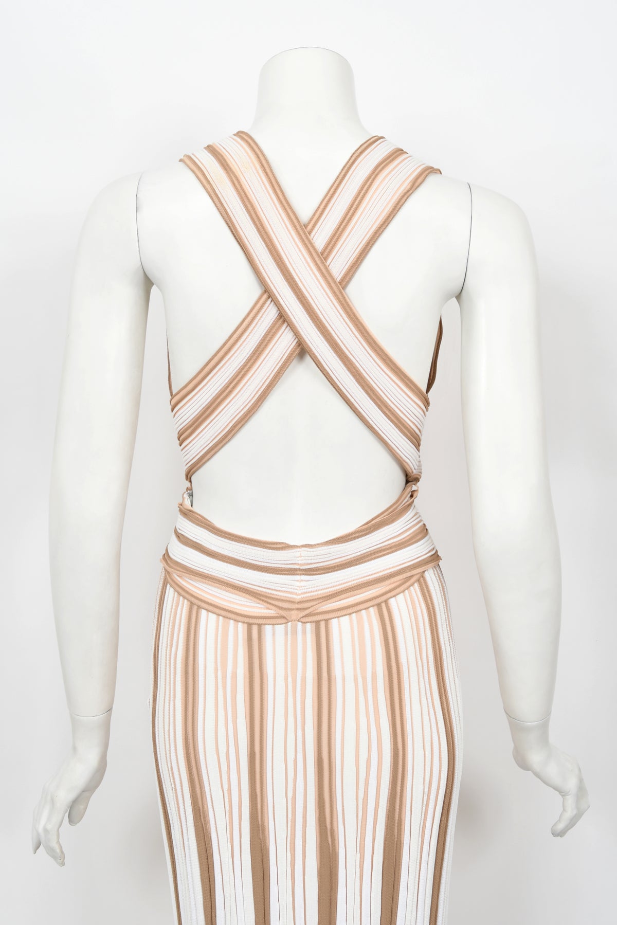2002 Christian Dior by John Galliano Striped Stretch Knit Low-Plunge Gown