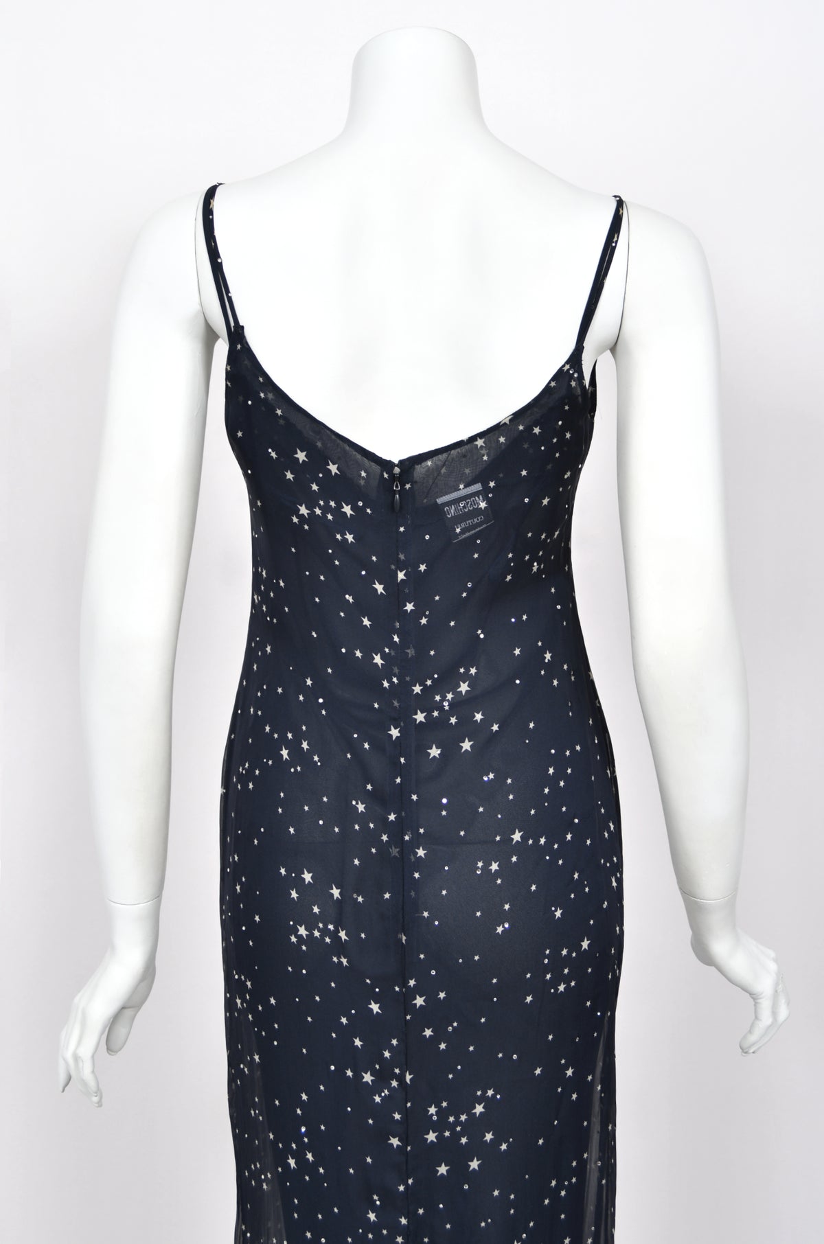 1998 Moschino Runway Navy Blue Sheer Silk Chiffon Star Motif Rhinestone Maxi Slip Dress