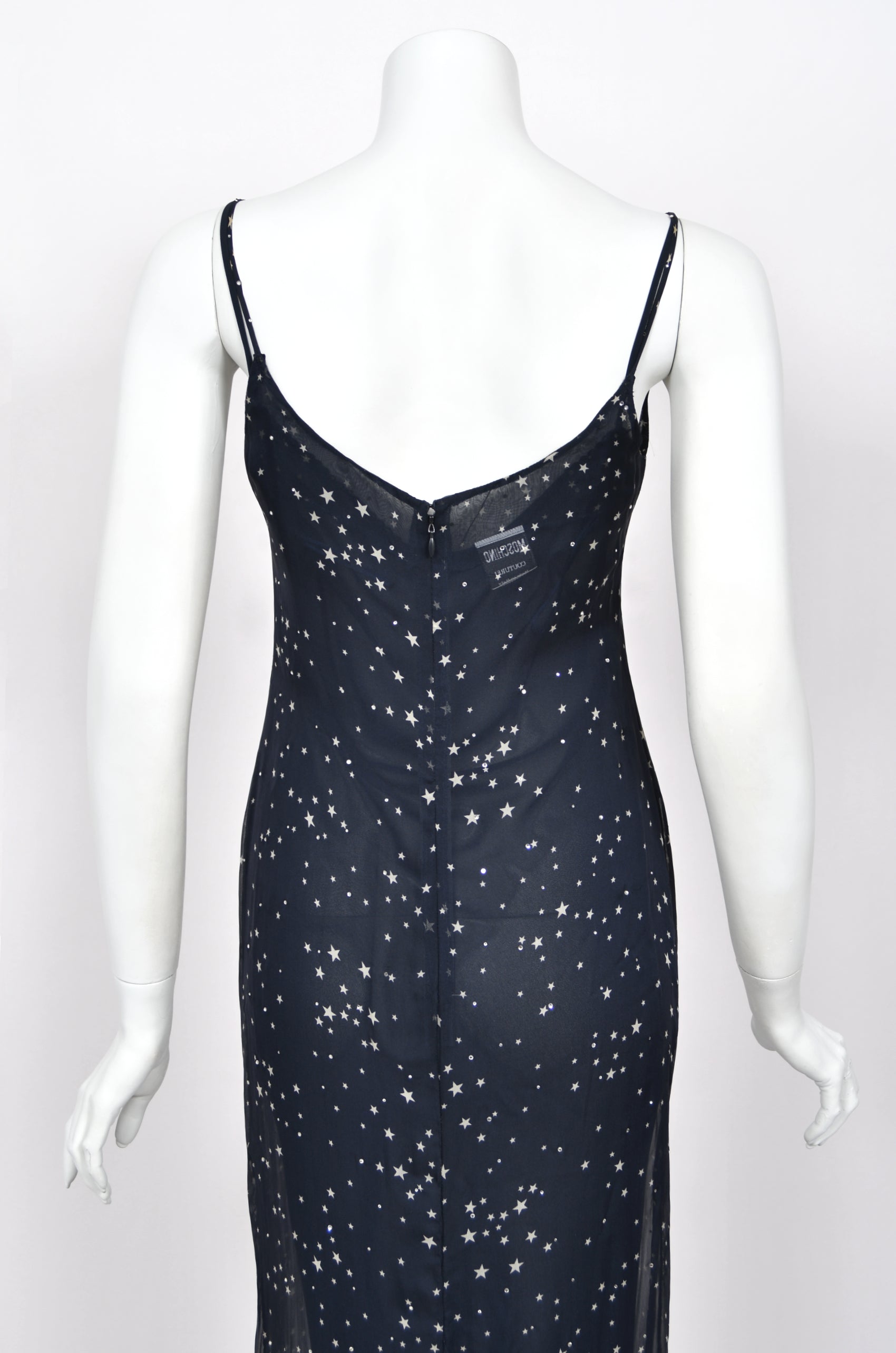 1998 Moschino Navy Blue Silk Chiffon Star Motif Rhinestone Slip Dress - Timeless Vixen 1998 Moschino Navy Blue Silk Chiffon Star Motif Rhinestone Slip Dress - Timeless Vixen