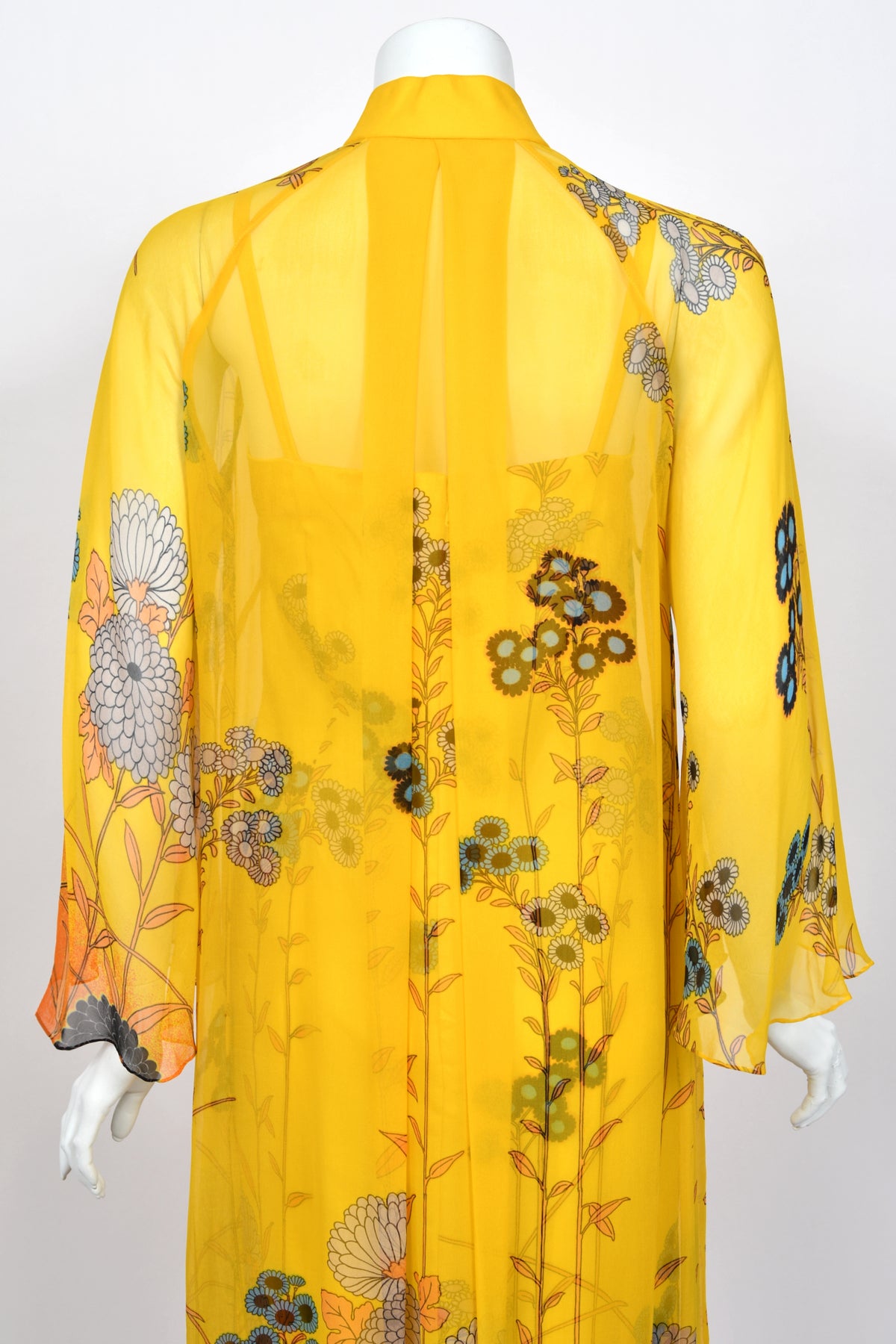 1972 Hanae Mori Couture Vogue Editorial Sunset Ombrè Floral Silk Gown & Matching Sheer Jacket