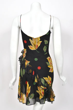 2004 John Galliano Large Scale Deco Floral Chiffon & Lace Bias-Cut Slip Dress