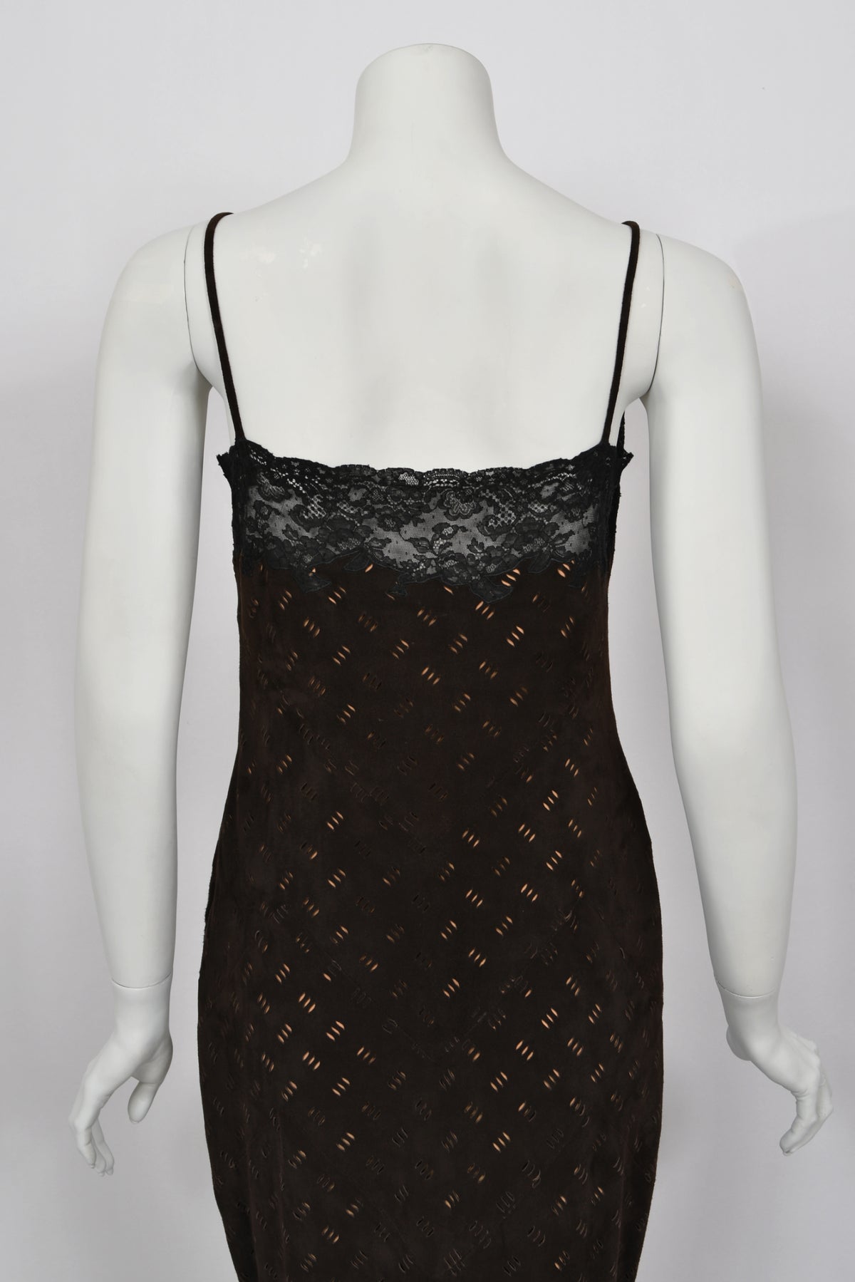 1999 Christian Dior by John Galliano Brown Suede &amp; Sheer Lace Bias-Cut Slip Gown w/ Shawl