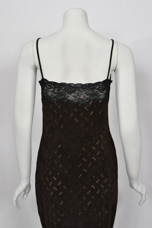 1999 Christian Dior by John Galliano Brown Suede & Sheer Lace Bias-Cut Slip Gown w/ Shawl