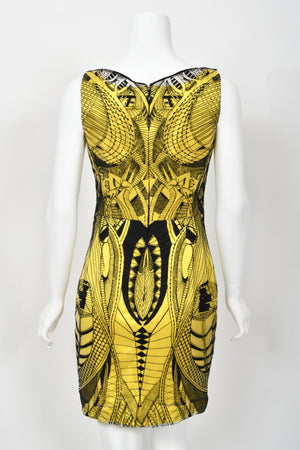 2010 Alexander McQueen Lifetime Insect Tattoo Embroidered Net-Lace Yellow Mini Dress